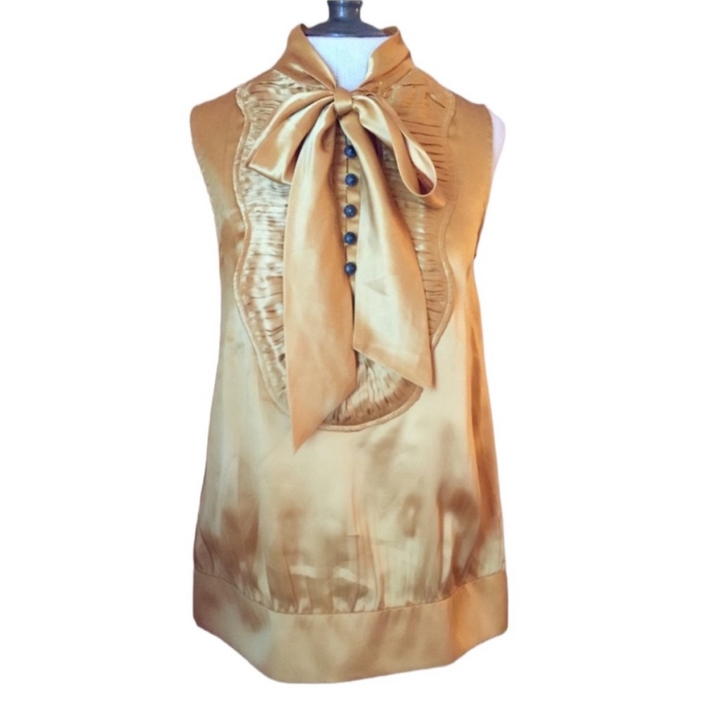 Chic Women's Gold Satin Blouse with Bow Detail